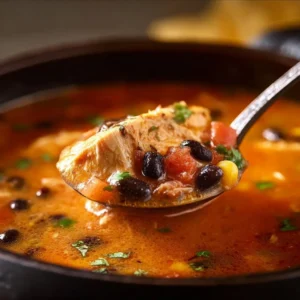 Bowl of classic chicken tortilla soup topped with tortilla strips and fresh herbs.