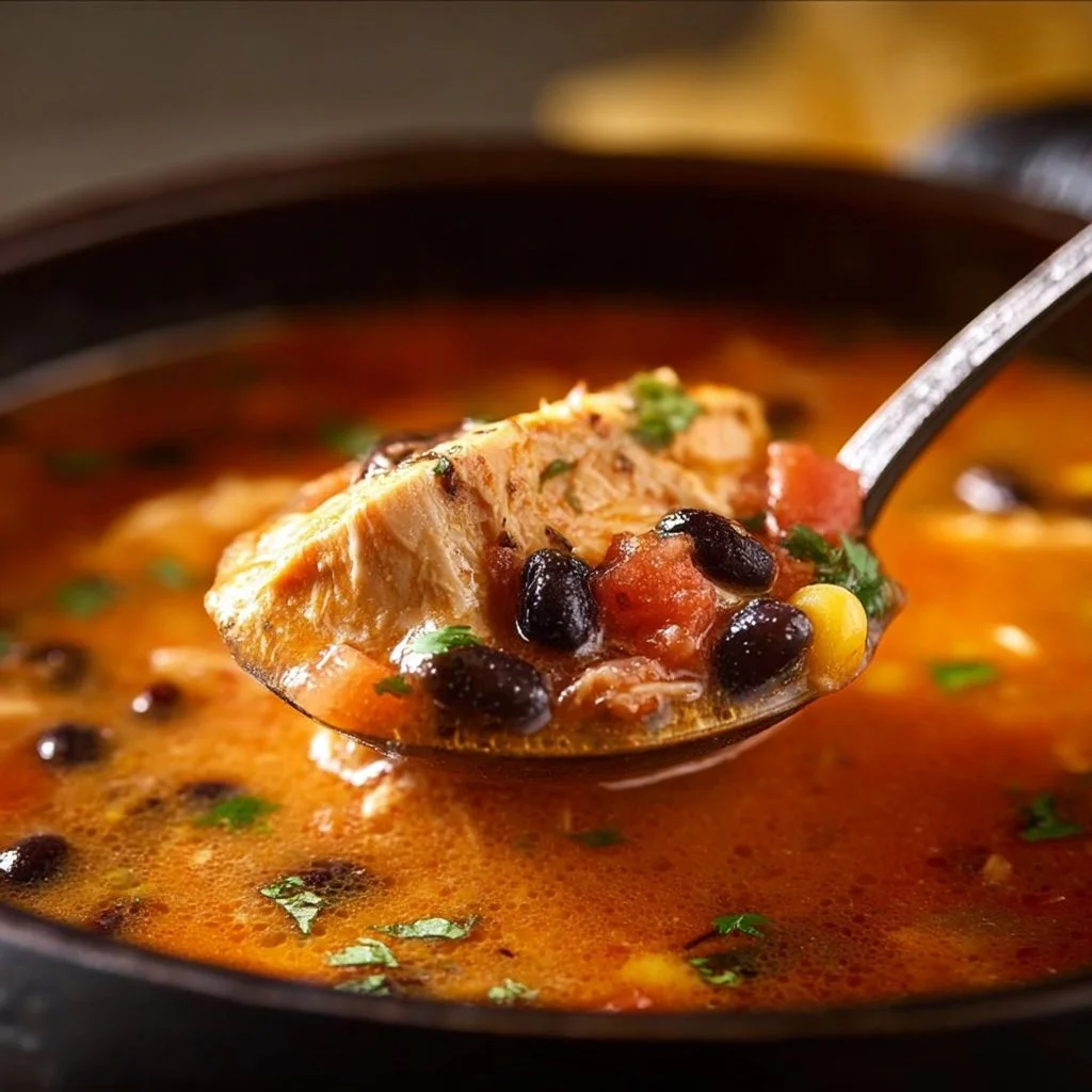 Bowl of classic chicken tortilla soup topped with tortilla strips and fresh herbs.