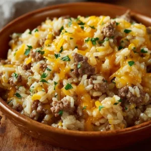 Cheesy hamburger rice casserole served in a baking dish