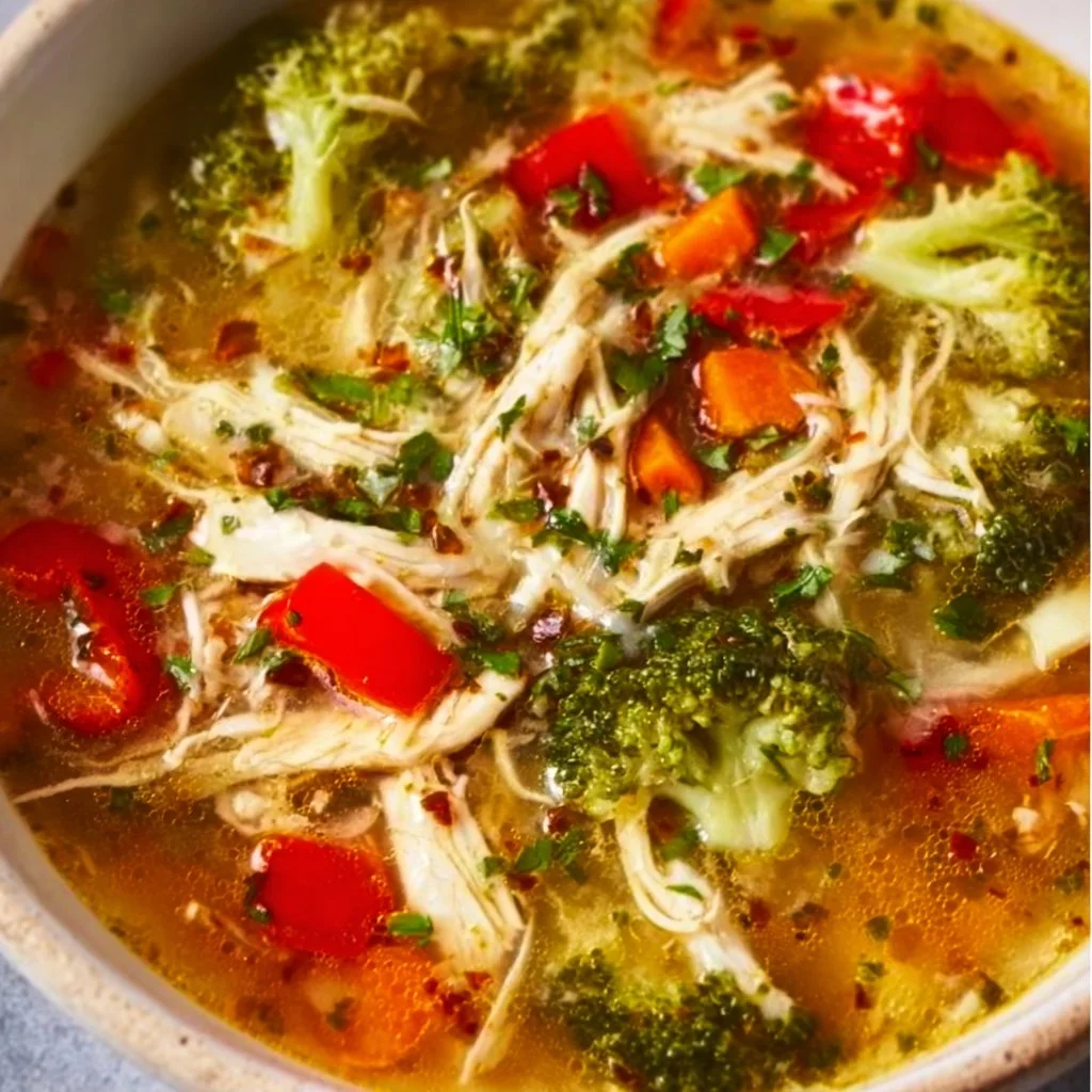 Bowl of wholesome detox soup with fresh vegetables and herbs