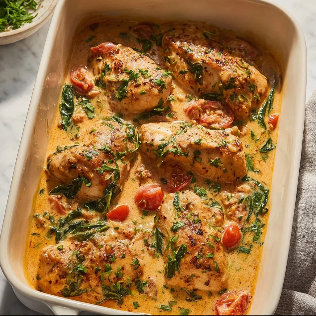 Baked Tuscan Chicken Breast garnished with herbs and sun-dried tomatoes