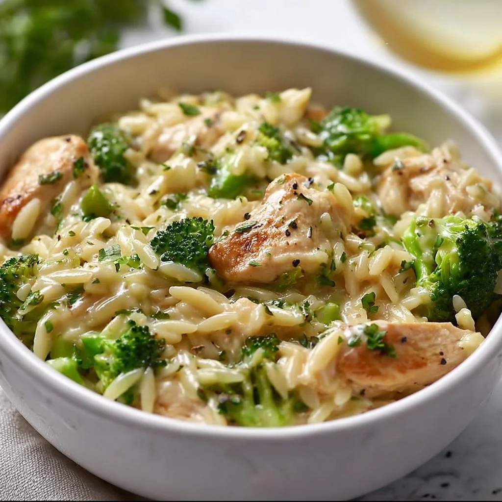 A bowl of Chicken and Broccoli Orzo featuring tender chicken and fresh broccoli in a creamy sauce.