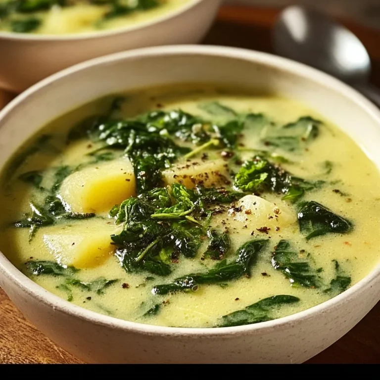 Bowl of creamy spinach potato soup garnished with fresh herbs