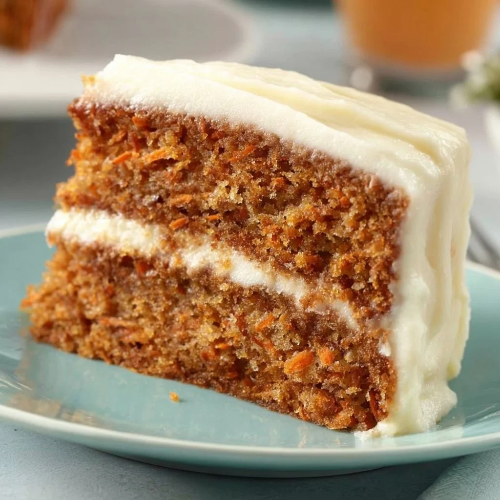 Delicious slice of carrot cake with creamy frosting on a plate