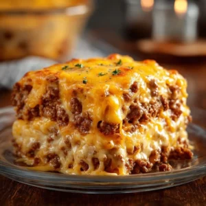 Cattle Drive Casserole served with vegetables in a rustic dish