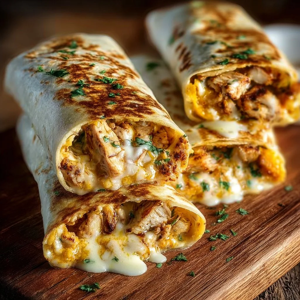Cheesy Garlic Chicken Wraps served on a plate with fresh ingredients