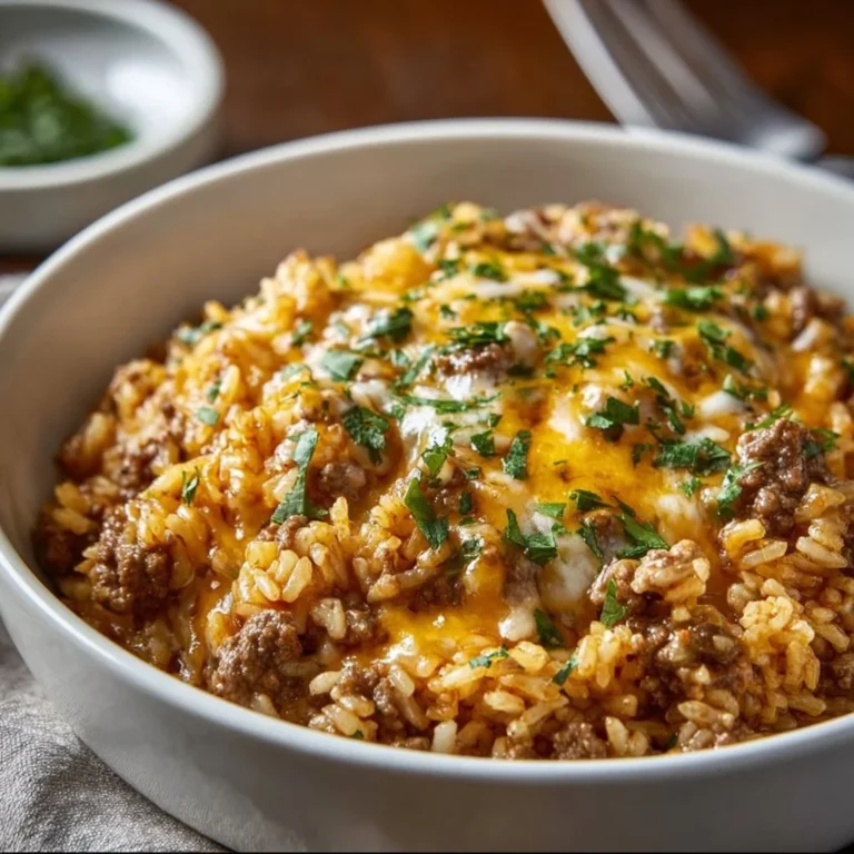 Cheesy ground beef and rice casserole in a baking dish, delicious comfort food