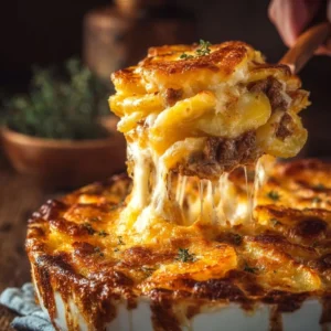Cheesy hamburger potato casserole ready to serve, topped with melted cheese and herbs.