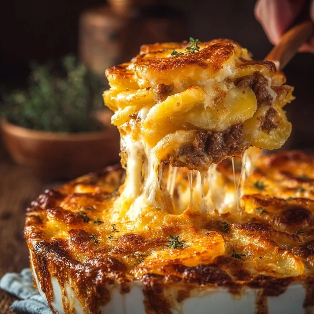 Cheesy hamburger potato casserole ready to serve, topped with melted cheese and herbs.