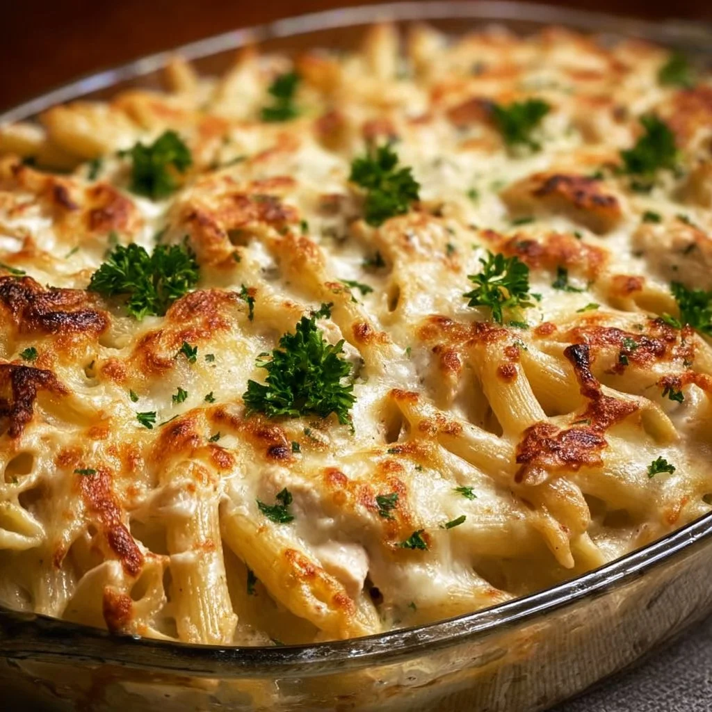 Delicious Chicken Alfredo Pasta Bake topped with melted cheese and herbs
