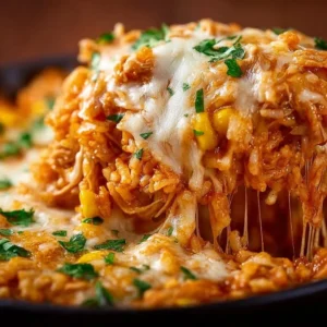 Delicious chicken enchilada rice casserole with layers of flavors