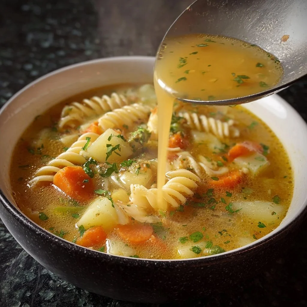 Warm bowl of homemade chicken noodle soup with herbs and vegetables