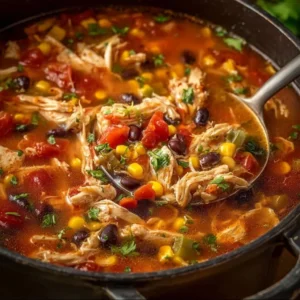 Bowl of Chicken Tortilla Soup garnished with tortilla chips and herbs