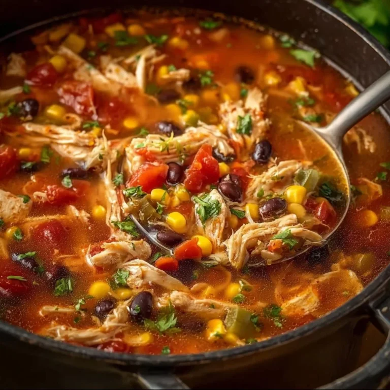Bowl of Chicken Tortilla Soup garnished with tortilla chips and herbs