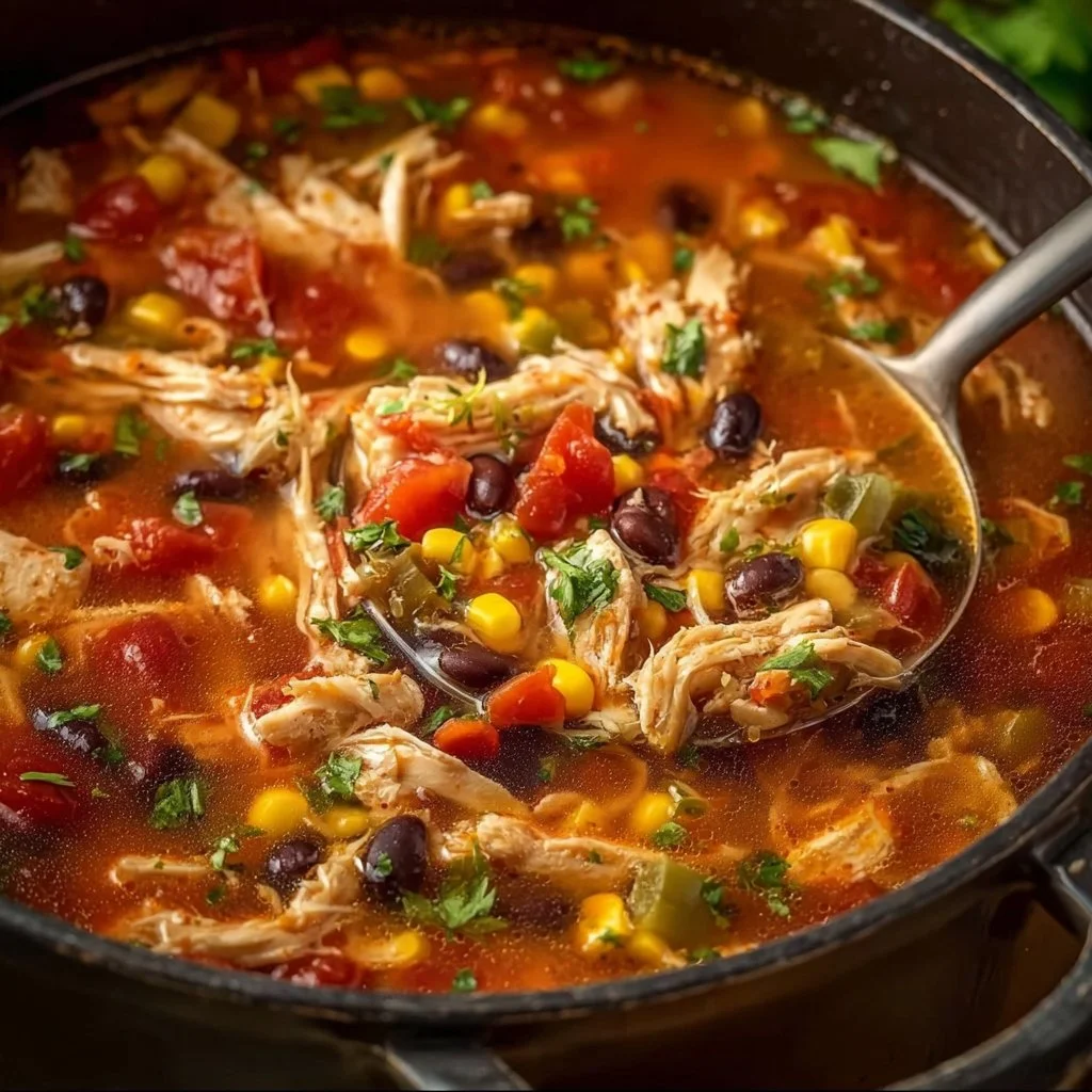 Bowl of Chicken Tortilla Soup garnished with tortilla chips and herbs