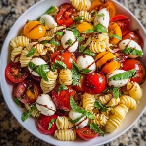 Colorful Caprese Pasta Salad with mozzarella, fresh tomatoes, and basil garnish.