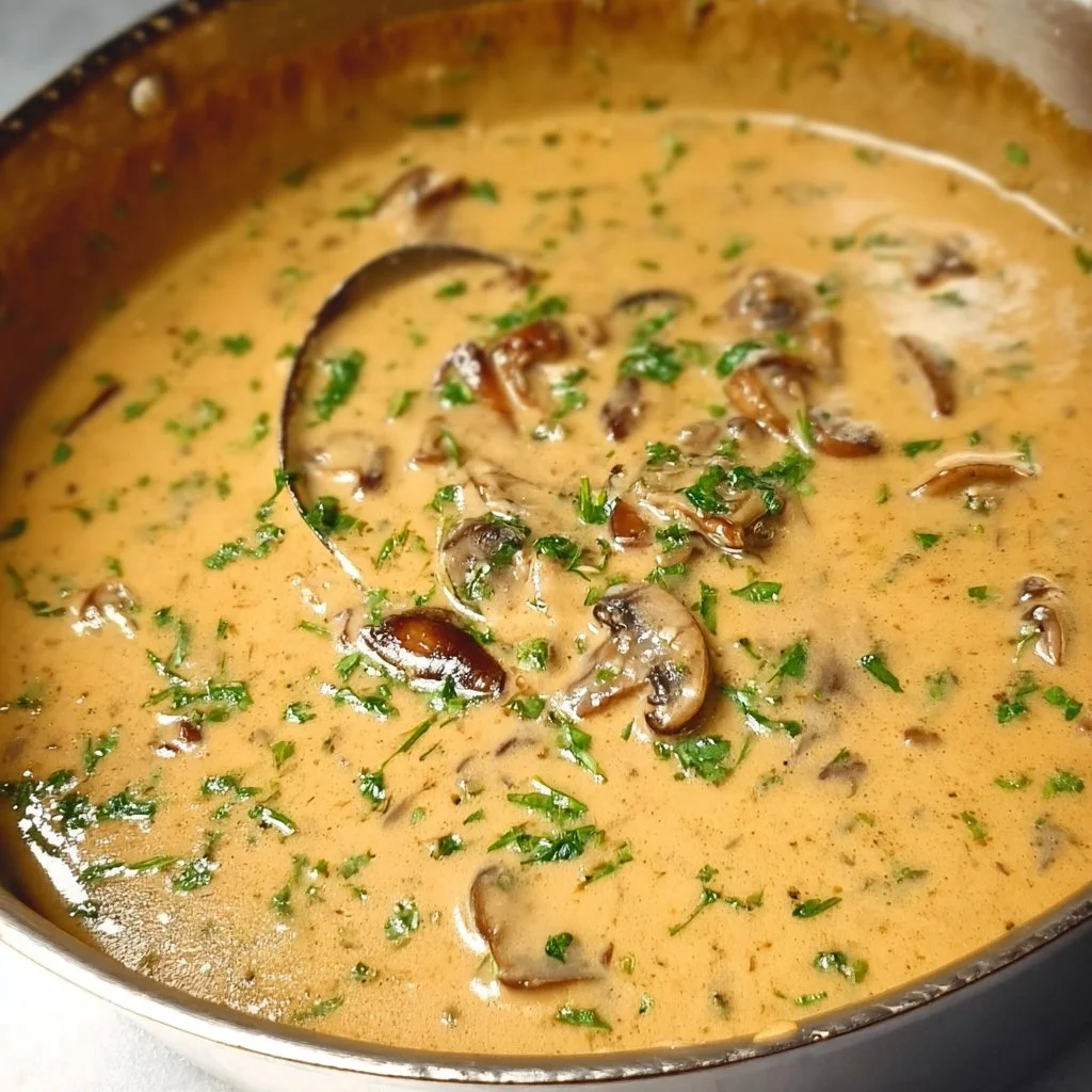 A bowl of rich and creamy homemade cream of mushroom soup garnished with herbs.