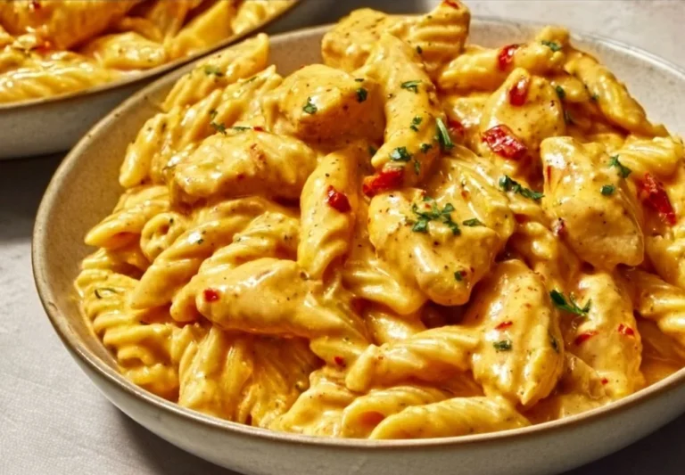 Creamy Cajun chicken pasta dish with colorful peppers and fresh herbs