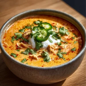 Bowl of creamy chicken enchilada soup topped with cilantro and cheese