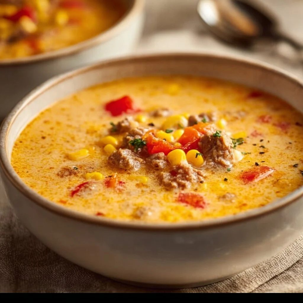 Bowl of Creamy Cowboy Soup topped with herbs and spices for a comforting meal.