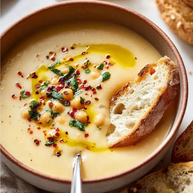 Bowl of creamy garlic chickpea soup garnished with herbs and served with bread.