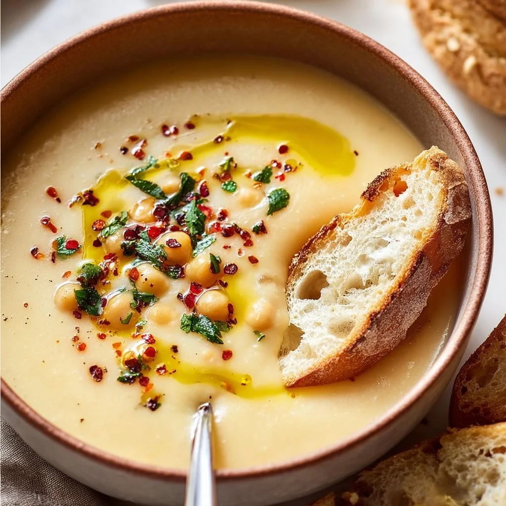 Bowl of creamy garlic chickpea soup garnished with herbs and served with bread.