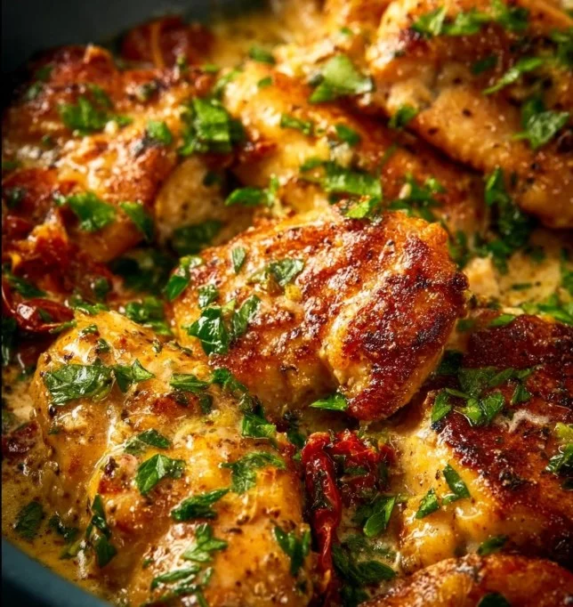 Crock Pot Marry Me Chicken served with a side of vegetables and herbs