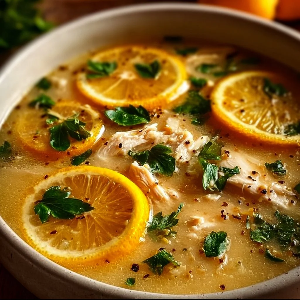 Crockpot Lemon Chicken Soup in a bowl with fresh herbs and lemon slices