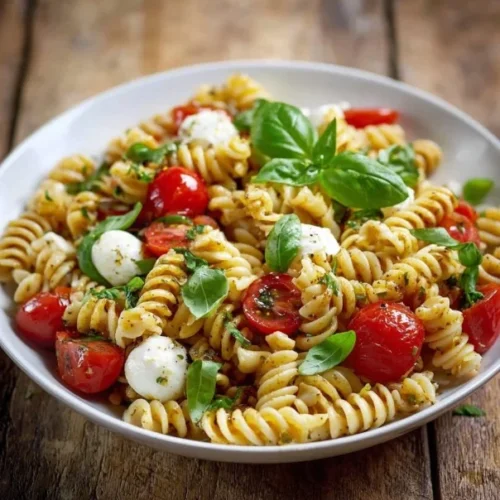Delicious Caprese Pasta Salad with fresh mozzarella, tomatoes, and basil.