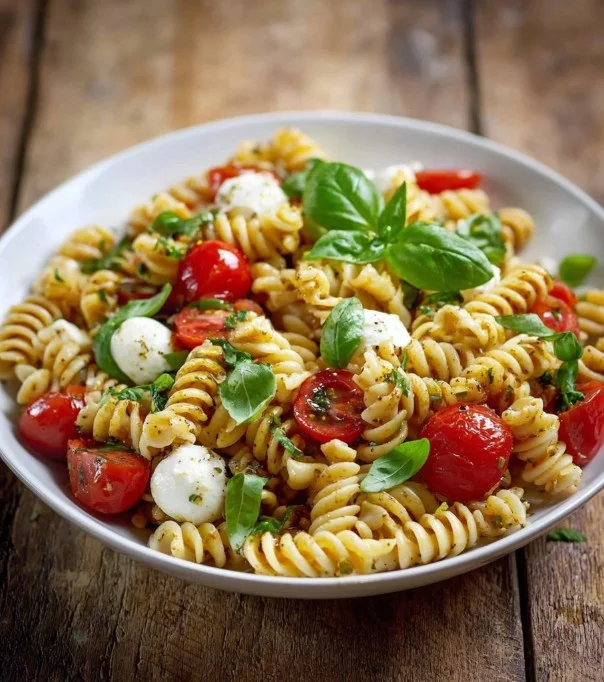 Delicious Caprese Pasta Salad with fresh mozzarella, tomatoes, and basil.