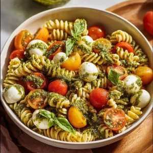 Delicious Caprese Pesto Pasta Salad in a bowl with fresh basil and tomatoes