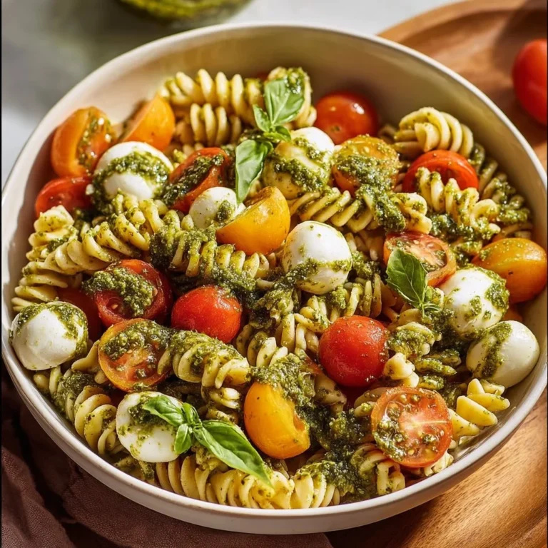 Delicious Caprese Pesto Pasta Salad in a bowl with fresh basil and tomatoes