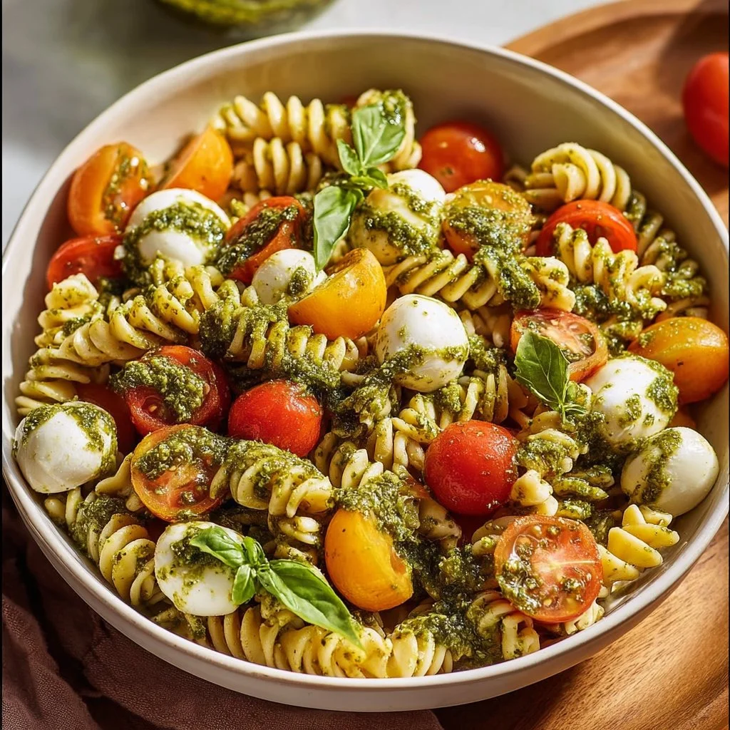 Delicious Caprese Pesto Pasta Salad in a bowl with fresh basil and tomatoes