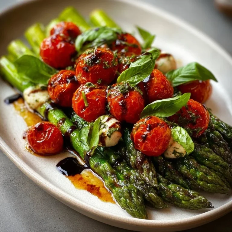 Caprese Roasted Asparagus drizzled with balsamic glaze and topped with mozzarella and tomatoes