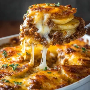 Cheesy hamburger casserole topped with melted cheese and potatoes