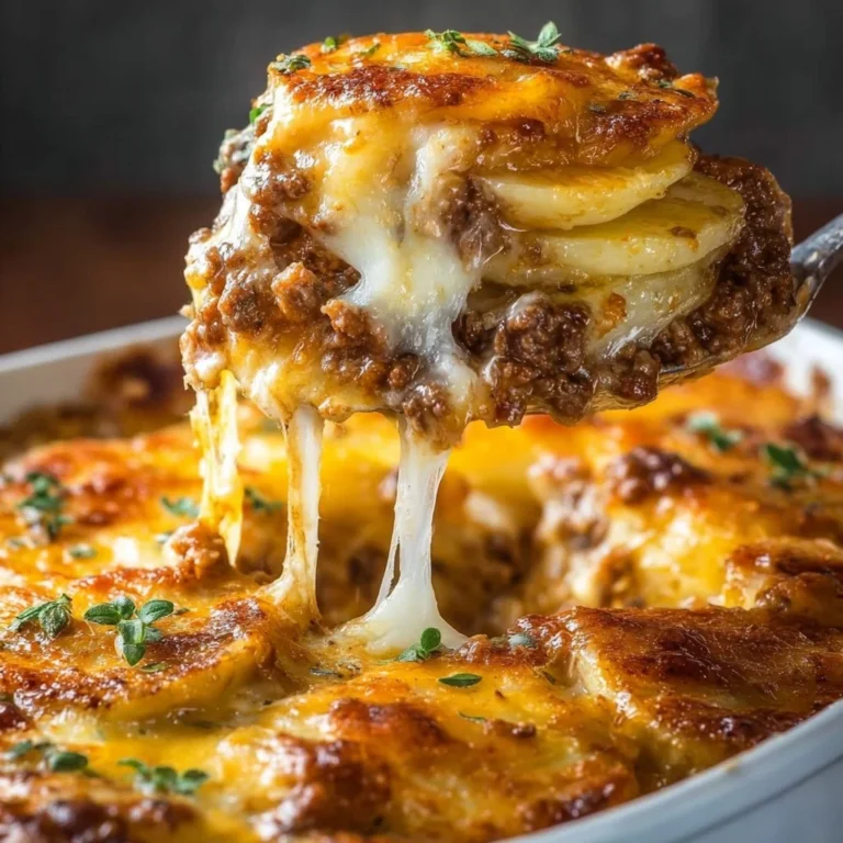 Cheesy hamburger casserole topped with melted cheese and potatoes