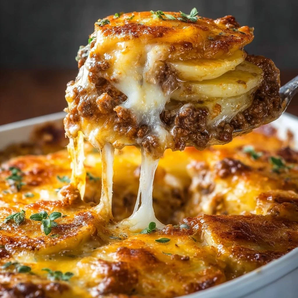 Cheesy hamburger casserole topped with melted cheese and potatoes