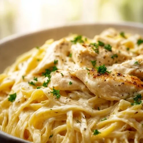 A creamy bowl of delicious chicken alfredo pasta garnished with parsley