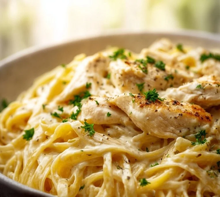 A creamy bowl of delicious chicken alfredo pasta garnished with parsley