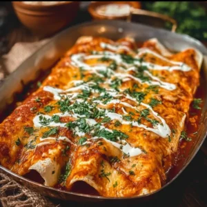 Plate of delicious chicken enchiladas topped with cheese and sauce.