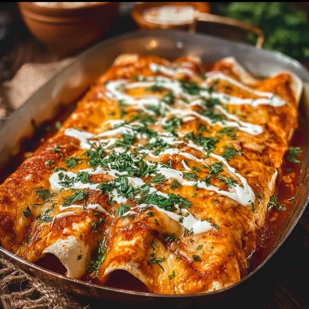 Plate of delicious chicken enchiladas topped with cheese and sauce.
