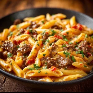Delicious creamy beef pasta dish served in a bowl, perfect for family dinner.