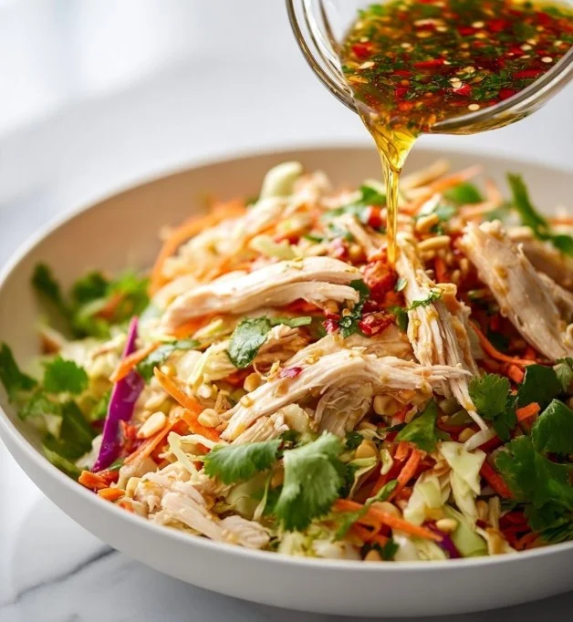 Bowl of delicious Vietnamese chicken salad with fresh vegetables and herbs