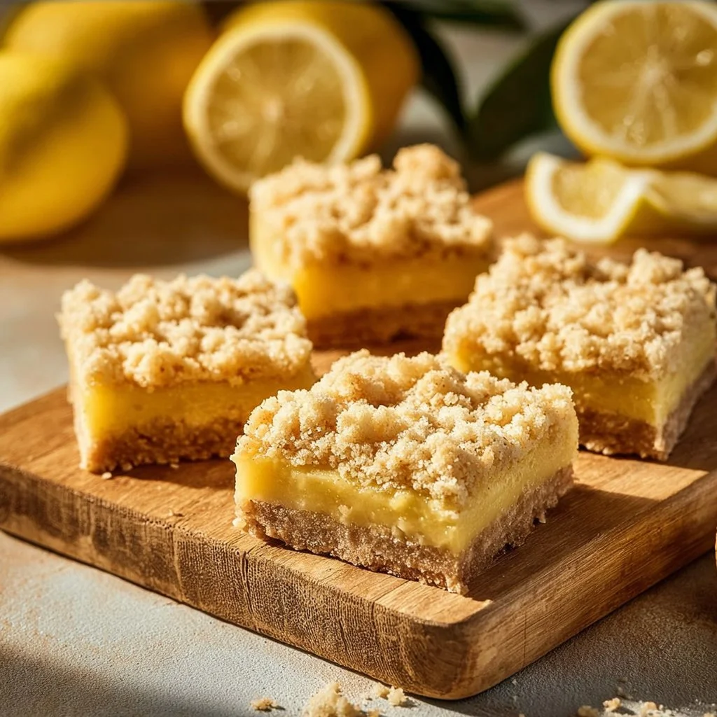 Plate of delicious lemon crumb bars with shortbread crust and lemon zest garnish.