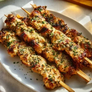 Ranch garlic parmesan chicken skewers ready for grilling.