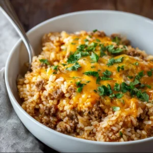 Delicious easy cheesy ground beef and rice casserole ready for dinner