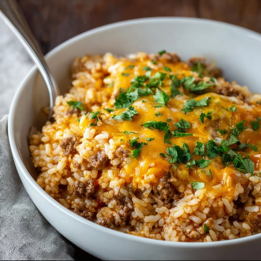 Delicious easy cheesy ground beef and rice casserole ready for dinner