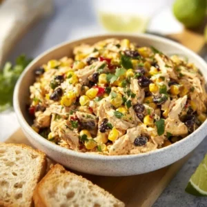 High protein Southwest Chicken Salad in a bowl with colorful ingredients