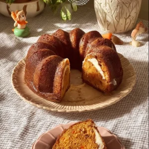 Delicious homemade carrot bundt cake on a wooden table with cream cheese frosting.