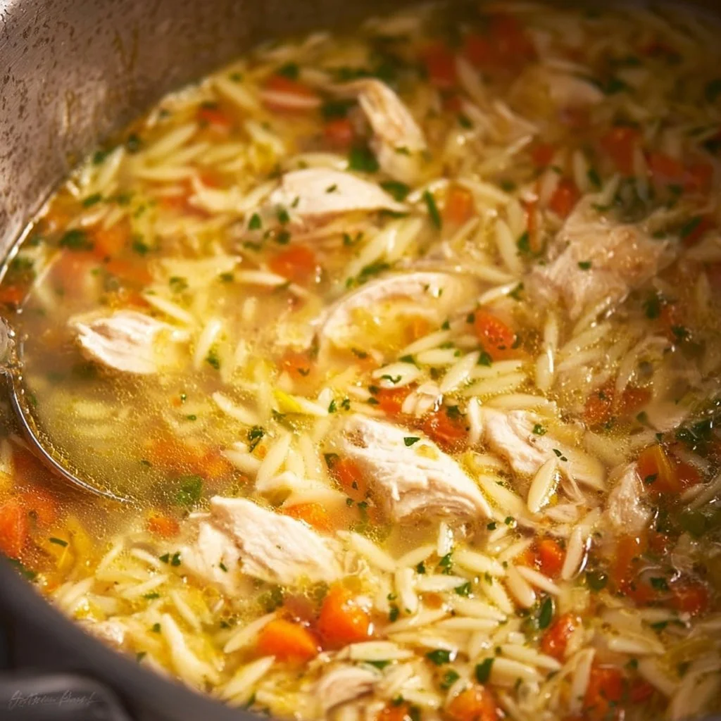 Crockpot Lemon Chicken Orzo Soup with fresh ingredients and herbs